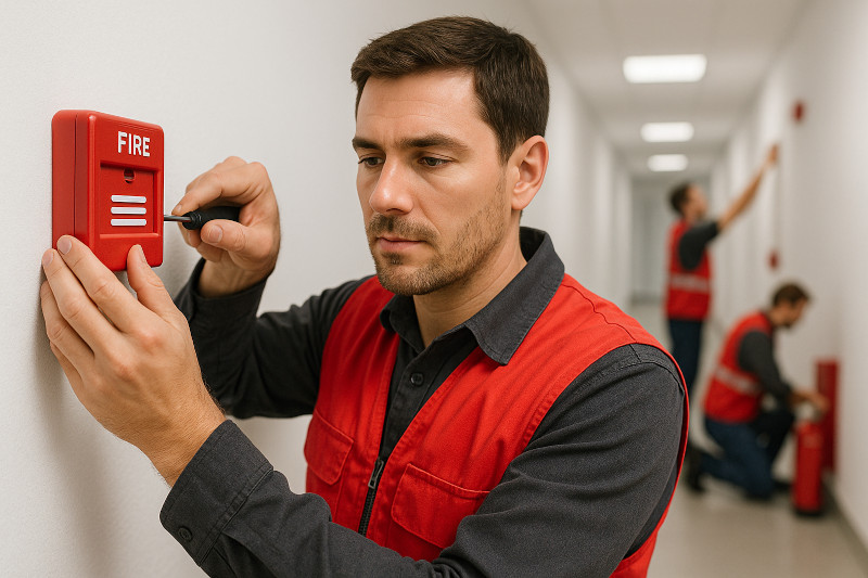 Imagen que muestra a un técnico de mantenimiento con chaleco de seguridad rojo haciendo una instalación de alarma de incendios. La imagen enfoca claramente sus manos mientras los instala. Al fondo, se ven otros operarios instalando equipos contra incendios desenfocados que sugieren un entorno profesional.