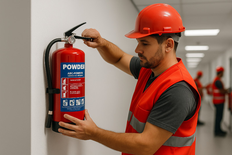 Imagen que muestra a un técnico de mantenimiento con chaleco de seguridad rojo haciendo instalación de equipos contra incendios. La imagen enfoca claramente sus manos mientras los instala. Al fondo, se ven otros operarios instalando equipos contra incendios desenfocados que sugieren un entorno profesional.