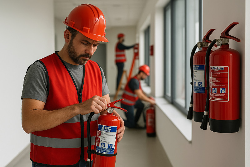 Imagen que muestra a un técnico de mantenimiento con chaleco de seguridad rojo haciendo mantenimiento de equipos contra incendios. La imagen enfoca claramente sus manos mientras los instala. Al fondo, se ven otros operarios instalando equipos contra incendios desenfocados que sugieren un entorno profesional.