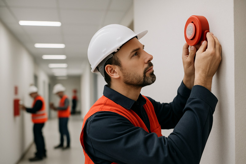 Imagen que muestra a un técnico de mantenimiento con chaleco de seguridad rojo haciendo instalación alarmas contra incendios. La imagen enfoca claramente sus manos mientras los instala. Al fondo, se ven otros operarios instalando equipos contra incendios desenfocados que sugieren un entorno profesional.