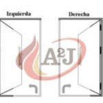 Imagen de una puerta cortafuegos la izquierda y la derecha con las bisagras en los laterales y el logotipo de extintores de A2J