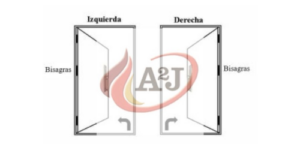 Imagen de una puerta cortafuegos la izquierda y la derecha con las bisagras en los laterales y el logotipo de extintores de A2J
