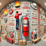 Imagen panorámica de un técnico instalando un extintor en la pared de una oficina, rodeado de etiquetas con precios y costos de instalación. En el fondo, se observan señalizaciones de seguridad y equipos contra incendios, representando el proceso y el valor de la instalación.
