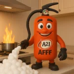 Extintor animado AFFF de A2J sonriente mientras extingue un incendio en una cocina con agente espumógeno.