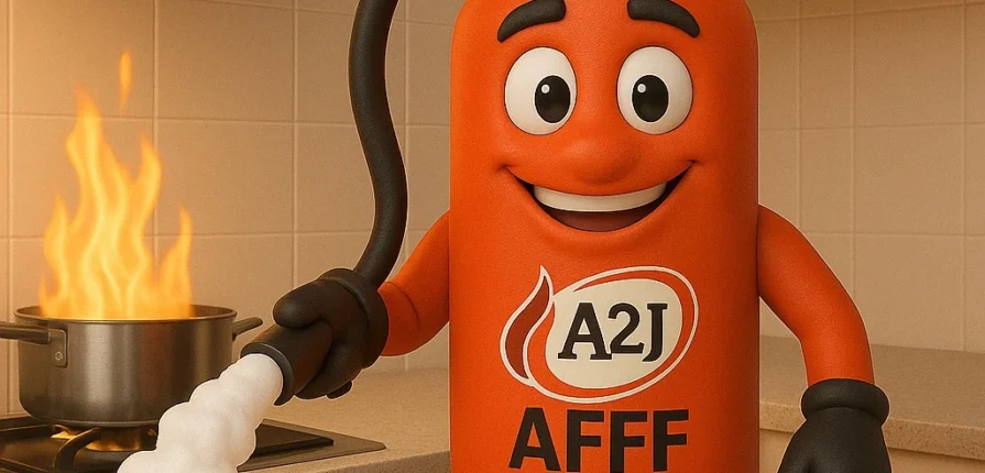 Extintor animado AFFF de A2J sonriente mientras extingue un incendio en una cocina con agente espumógeno.
