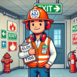Técnico de seguridad contra incendios en un edificio equipado con extintores y señalización de emergencia