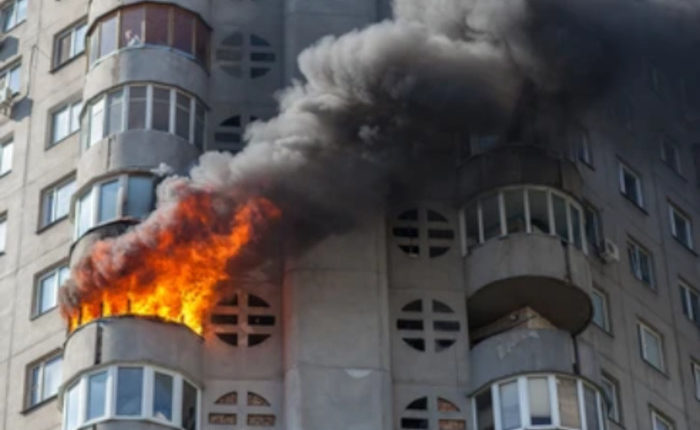 Incendio en hogares en edificio de varias plantas, con llamas saliendo por la ventana y denso humo negro.