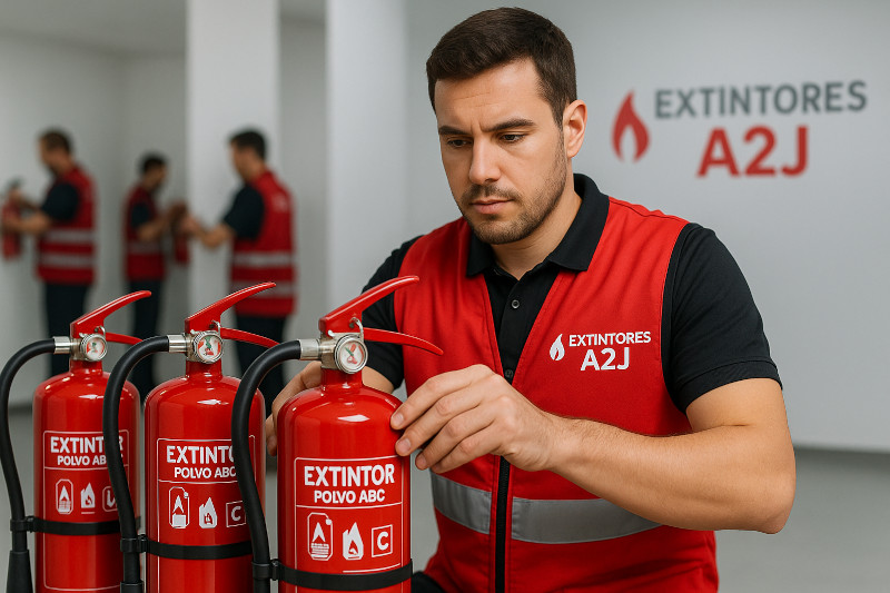 Imagen que muestra a un técnico de mantenimiento con chaleco de seguridad rojo haciendo instalación de equipos contra incendios. La imagen enfoca claramente sus manos mientras los instala. Al fondo, se ven otros operarios instalando equipos contra incendios desenfocados que sugieren un entorno profesional.