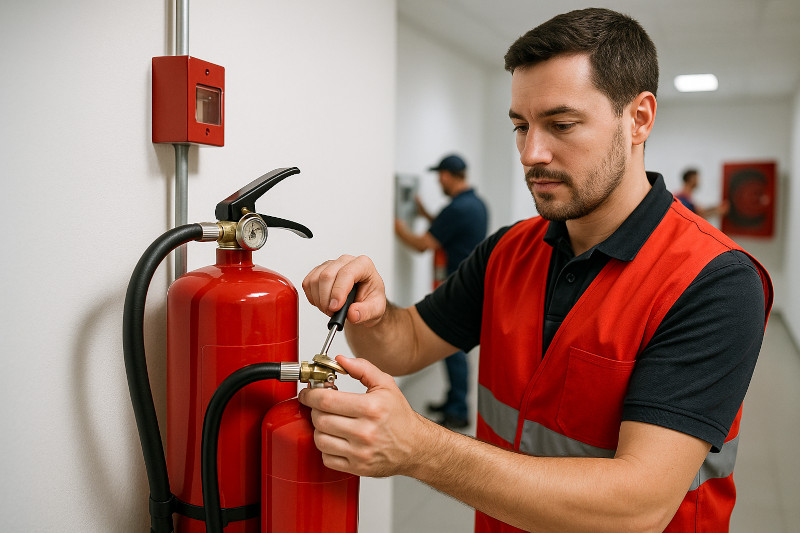 Imagen que muestra a un técnico de mantenimiento con chaleco de seguridad rojo haciendo mantenimiento de equipos contra incendios. La imagen enfoca claramente sus manos mientras los instala. Al fondo, se ven otros operarios instalando equipos contra incendios desenfocados que sugieren un entorno profesional.