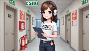 Técnico de A2J en seguridad contra incendios y señalización de salida haciendo una inspección de incendios y tomando notas en el cuaderno que lleva en el brazo