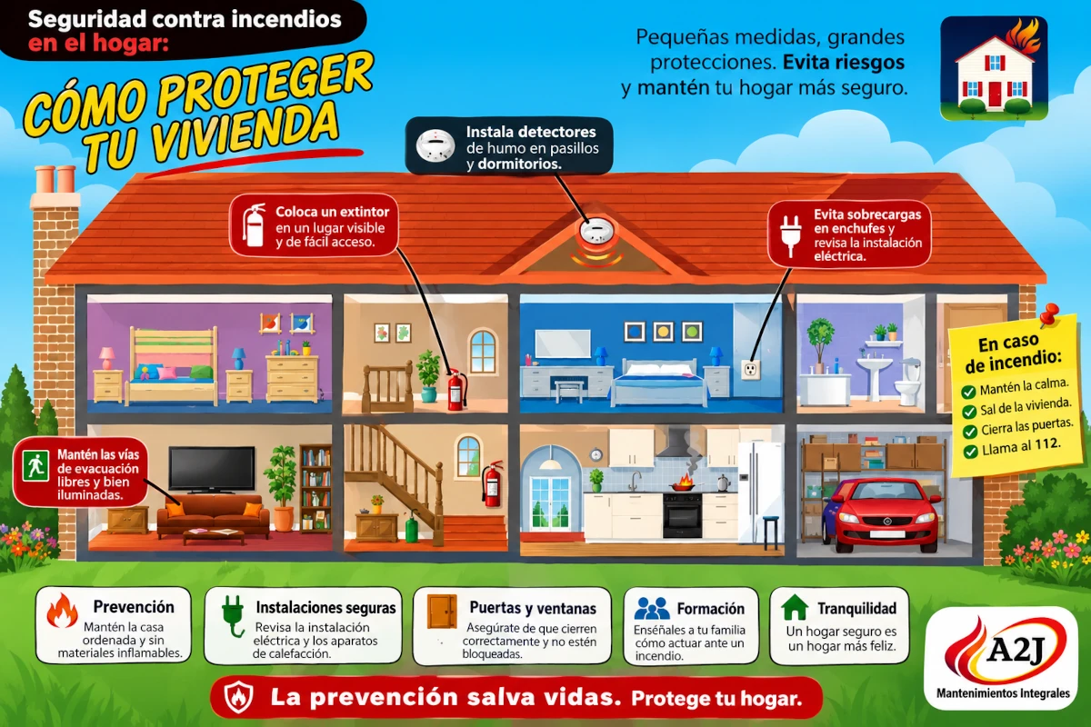 Prevención de incendios en viviendas: medidas de seguridad en casa Texto ALT: Infografía con medidas de prevención de incendios en viviendas, incluyendo detectores de humo, extintores, seguridad eléctrica, vías de evacuación y actuación ante una emergencia.