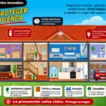 Infografía de seguridad contra incendios en el hogar con consejos para prevenir incendios, instalar detectores de humo, usar extintores y mantener libres las vías de evacuación.