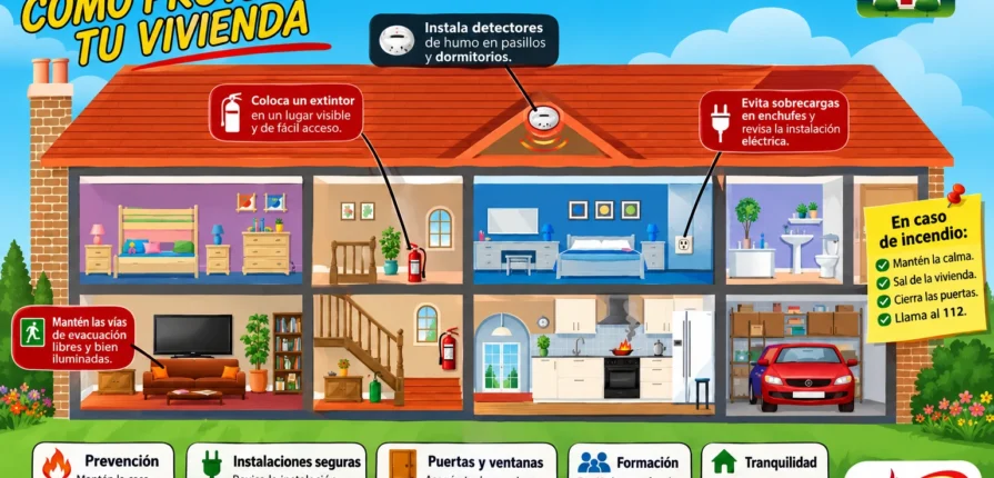 Infografía de seguridad contra incendios en el hogar con consejos para prevenir incendios, instalar detectores de humo, usar extintores y mantener libres las vías de evacuación.