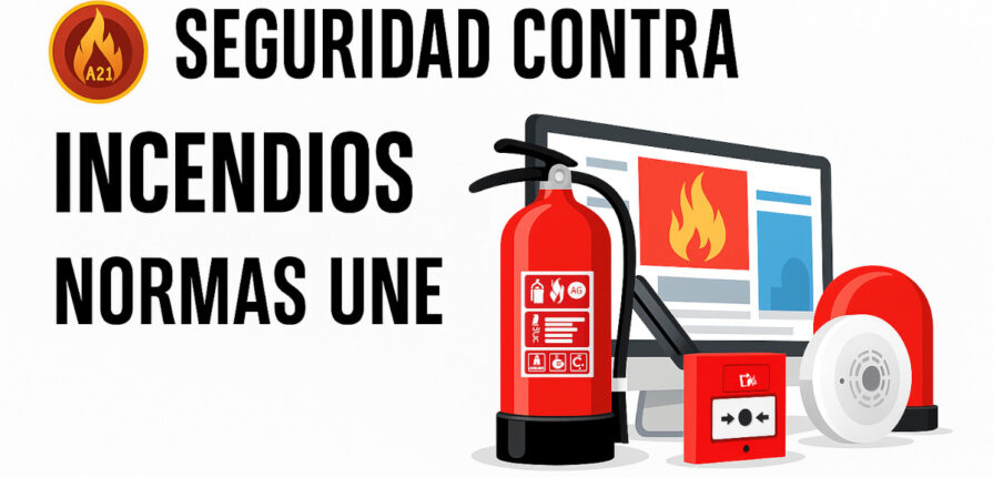 Ilustración digital panorámica que muestra el texto "Seguridad Contra Incendios" y "Normas UNE", con extintores, detectores y señalización, junto al logotipo de A2J.