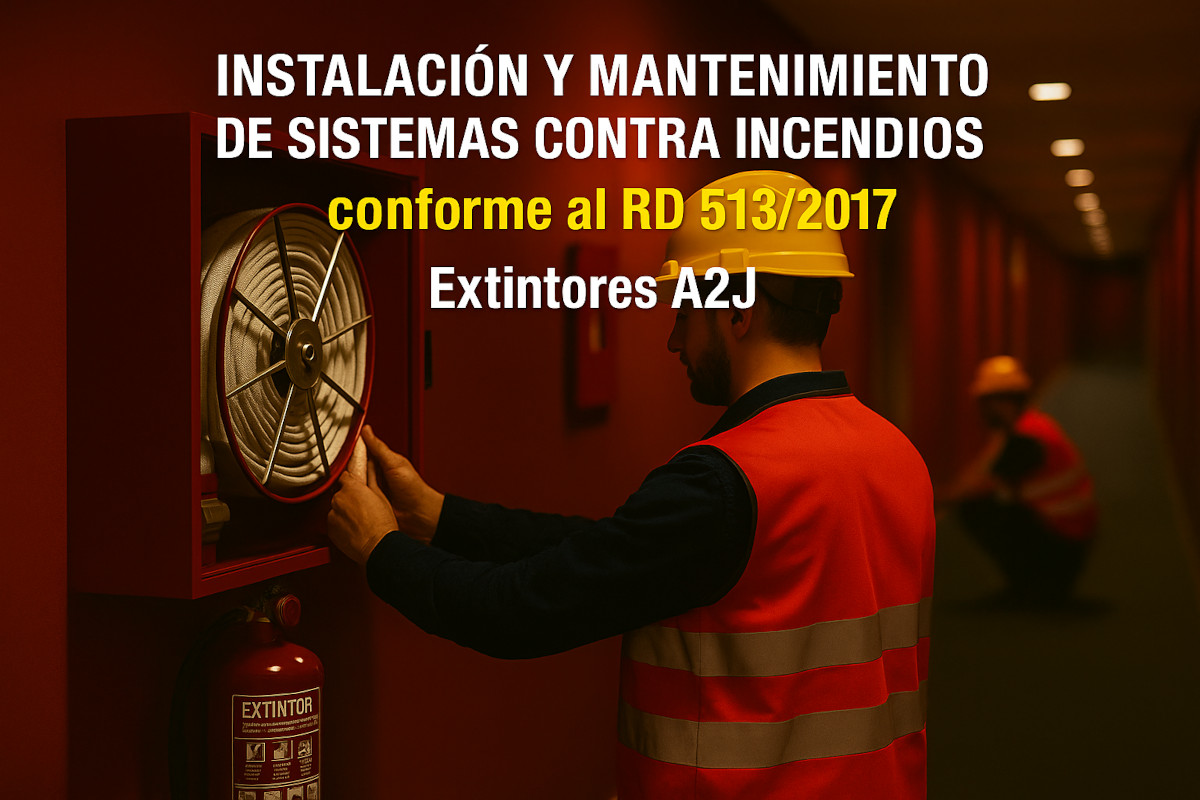 Técnico de Extintores A2J revisando una boca de incendio equipada conforme al RD 513/2017 en pasillo de seguridad contra incendios. Imagen generada por IA