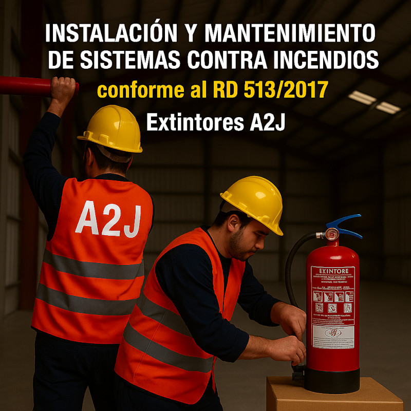 Operarios de A2J realizan instalación de un sistema de extinción de incendios con extintores portátiles, cumpliendo la normativa RD 513/2017, Imagen generada por IA