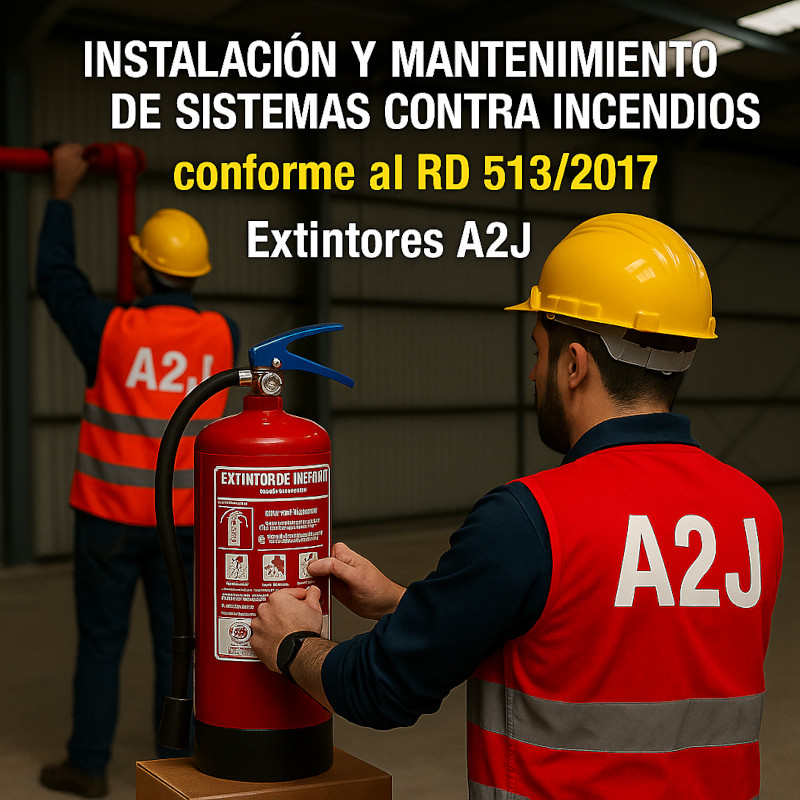 Operarios de A2J realizan instalación de un sistema de extinción de incendios con extintores portátiles, cumpliendo la normativa RD 513/2017, Imagen generada por IA