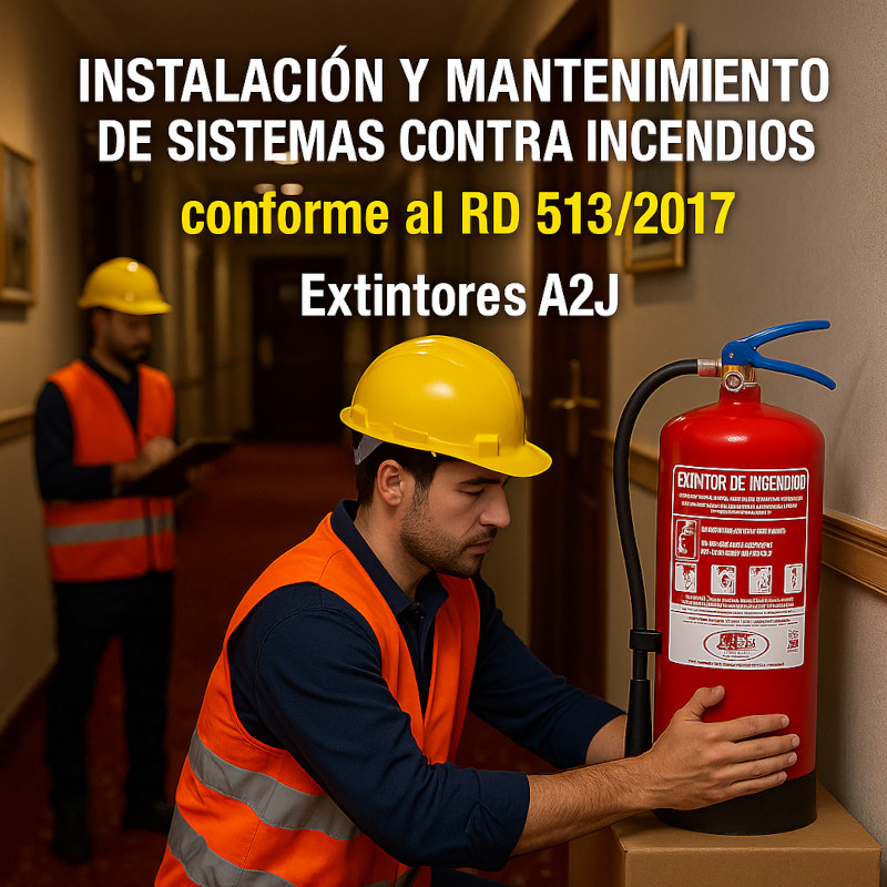 Operarios de A2J realizan instalación de un sistema de extinción de incendios con extintores portátiles, cumpliendo la normativa RD 513/2017, Imagen generada por IA