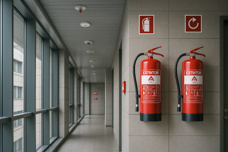 Ventajas de usar extintores en edificios modernos: instalación profesional de sistemas PCI Escena profesional que muestra la instalación de extintores de polvo ABC como parte de un sistema de protección contra incendios en un edificio moderno, destacando las ventajas de usar extintores integrados con rociadores y señalización.