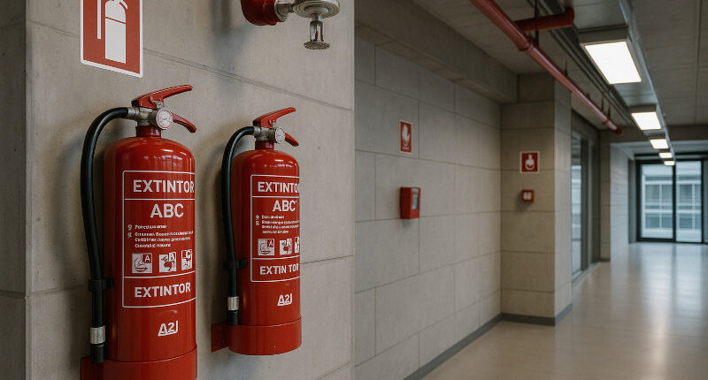Escena profesional que muestra la instalación de extintores de polvo ABC como parte de un sistema de protección contra incendios en un edificio moderno, destacando las ventajas de usar extintores integrados con rociadores y señalización.