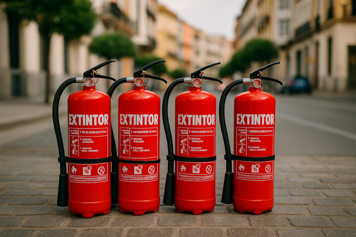 Imagen de un conjunto de extintores colocados en una calle de Guadalajara con instrucciones de uso.