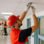 Técnico de mantenimiento con chaleco rojo instalando un rociador automático en el techo de un hospital, con operarios trabajando al fondo.