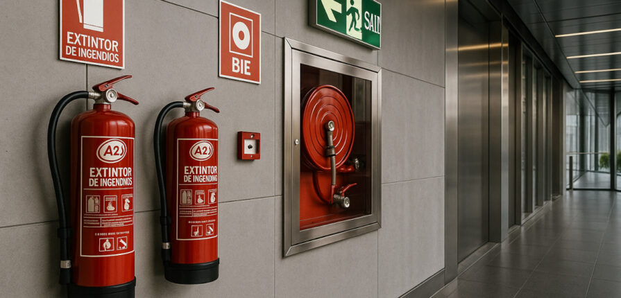 Fotografía panorámica de un sistema de protección contra incendios en un edificio moderno, mostrando extintores de polvo ABC con soporte homologado, bocas de incendio equipadas (BIE), señalización en español y salidas de emergencia, todo integrado en una infraestructura arquitectónica profesional y luminosa.